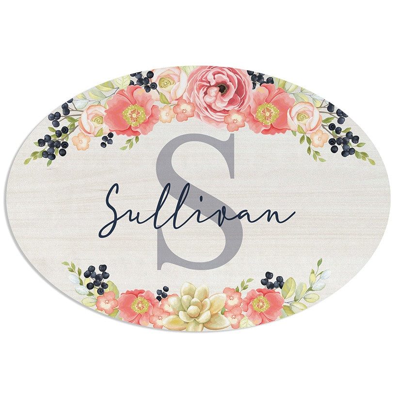 Personalized Spring Floral Name and Initial Wreath Hanger or Oval Plaque