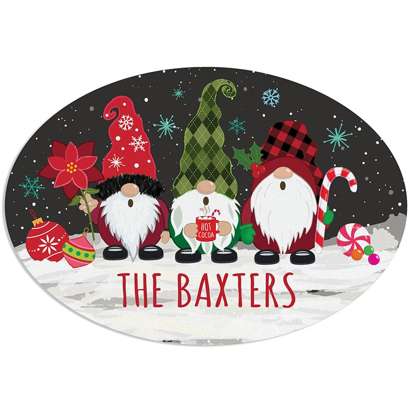 Personalized Christmas Gnomes Wreath Door Hanger or Oval Metal Plaque