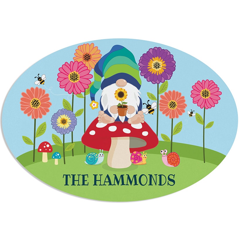 Personalized Floral Gnome Wreath Door Hanger or Oval Plaque