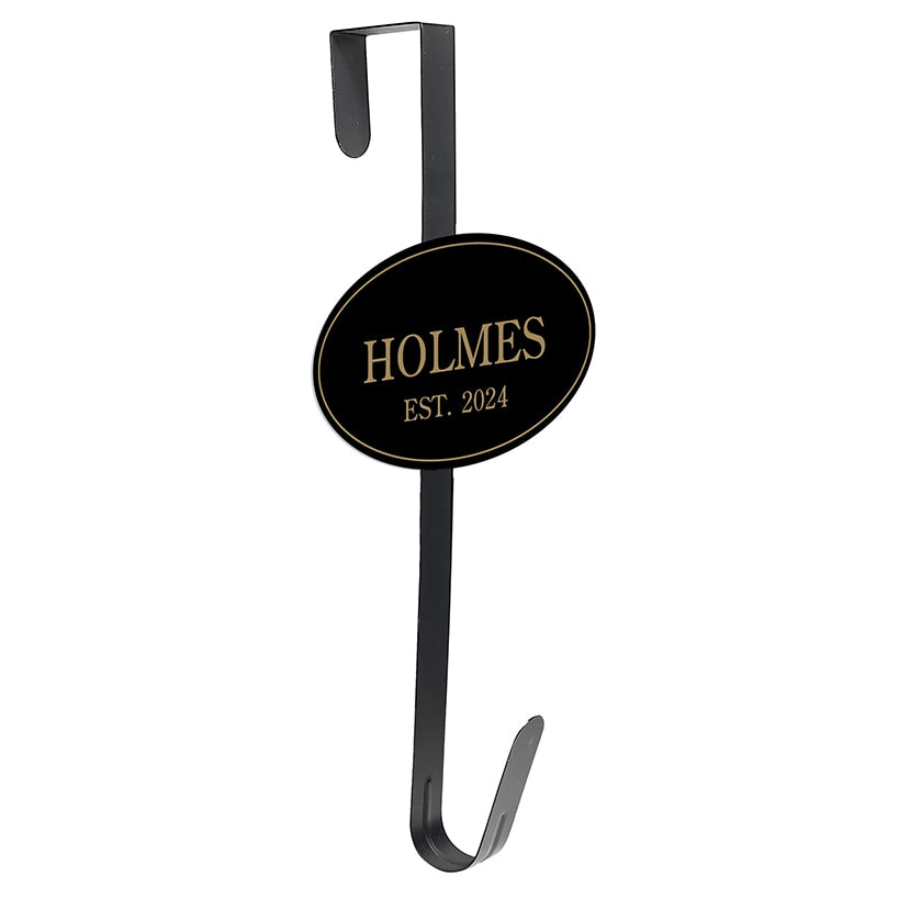 Personalized Family Name Black and Gold Wreath Hanger or Oval Plaque