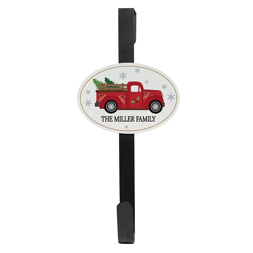 Personalized Christmas Red Truck Wreath Door Hanger or Oval Metal Plaque