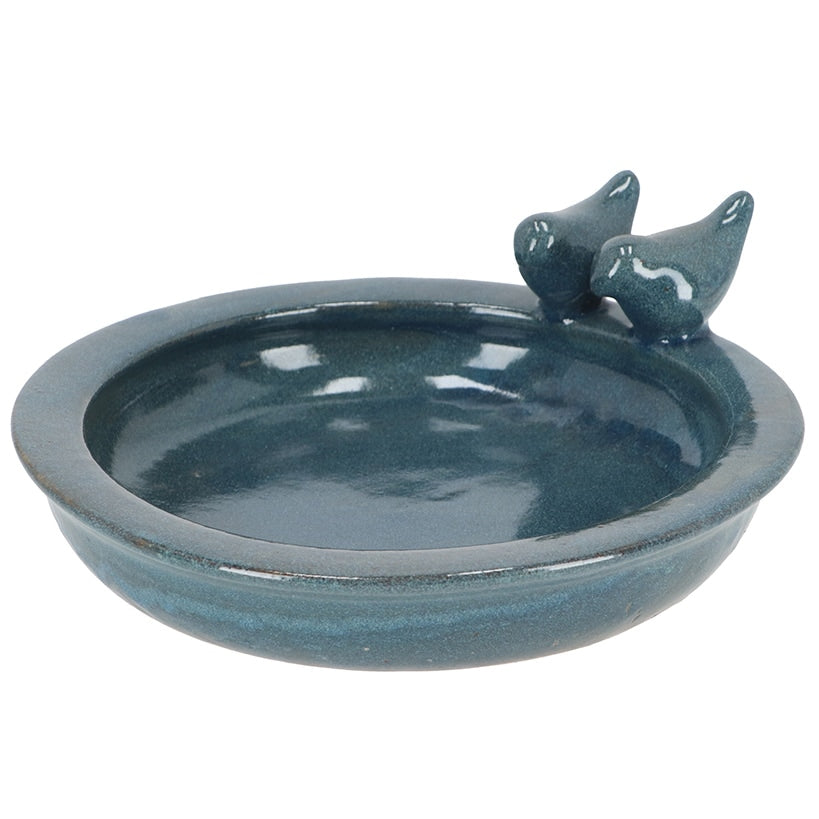 Round Petrol Ceramic Bird Bath with Bird