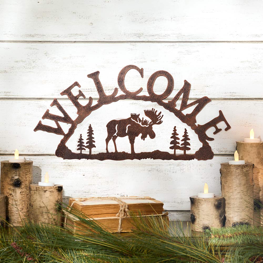 Rustic Woodland Moose Metal Welcome Sign