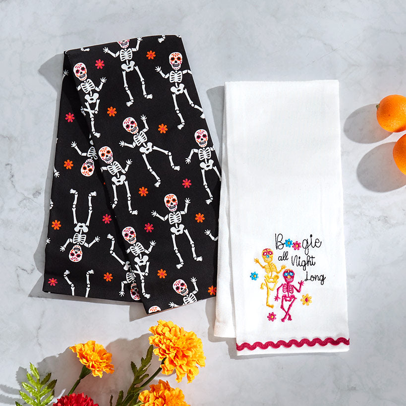 Halloween Skeletons Embroidered Kitchen Towels, Set of 2