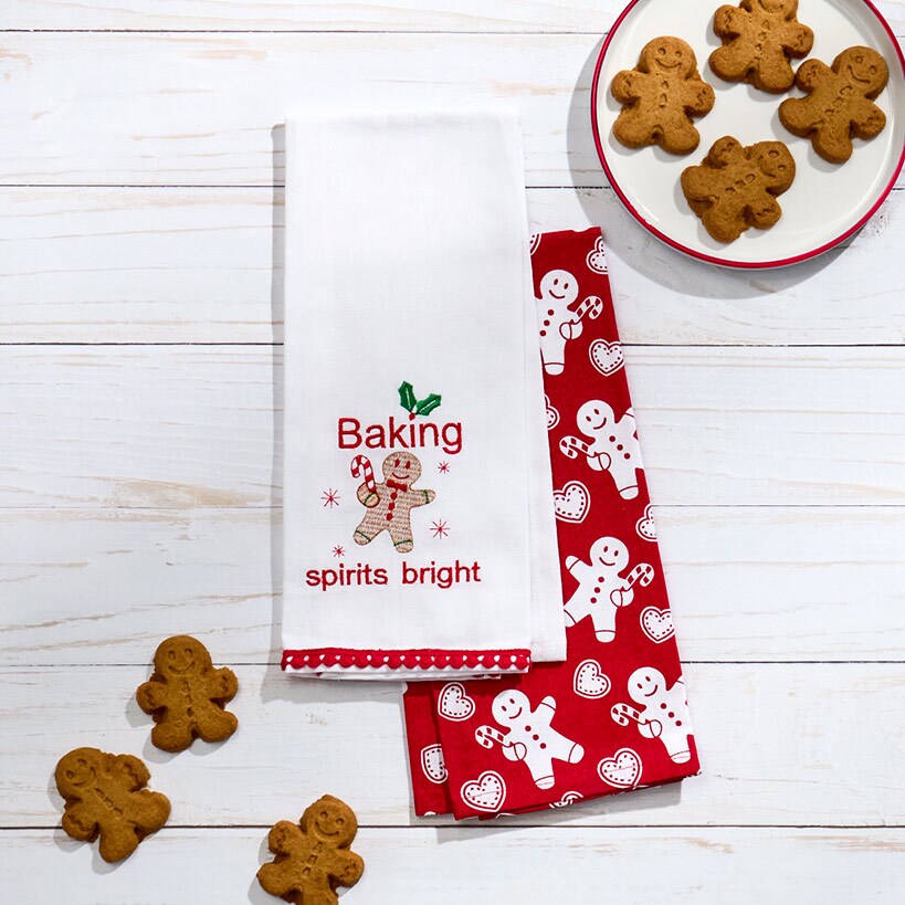 Set of 2 Holiday Motif Embroidered Kitchen Towels