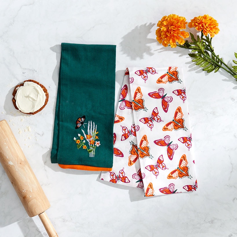 Butterfly and Skeletons Embroidered Kitchen Towels, Set of 2