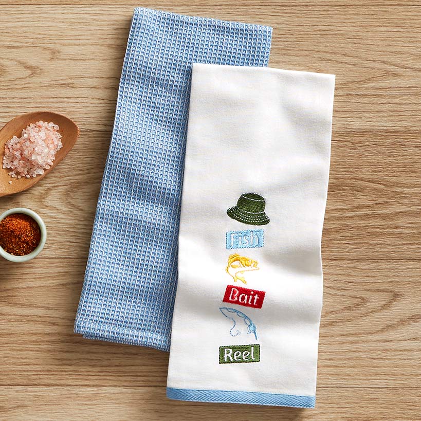 Embroidered Gone Fishing Kitchen Towels, Set of 2