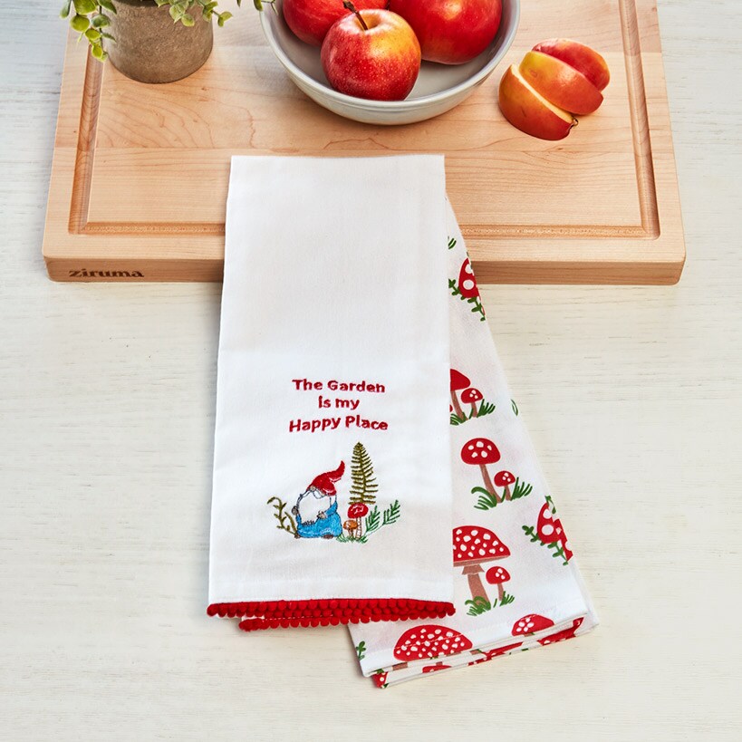 Set of 2 Spring Mushroom Embroidered Kitchen Towels
