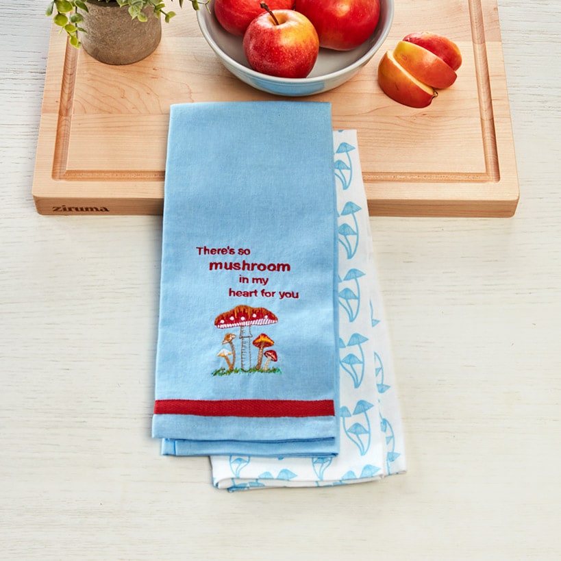 Set of 2 Spring Mushroom Embroidered Kitchen Towels