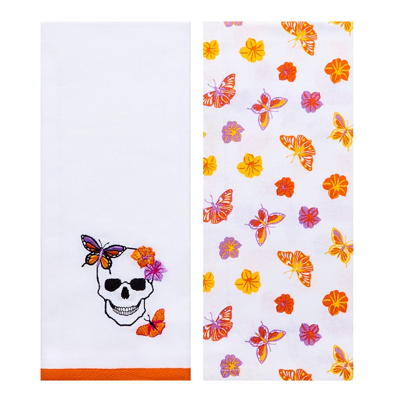 Butterfly and Skeletons Embroidered Kitchen Towels, Set of 2