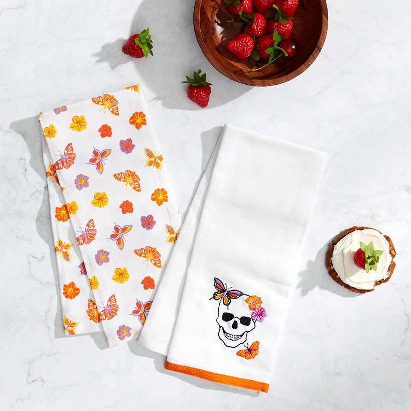 Butterfly and Skeletons Embroidered Kitchen Towels, Set of 2