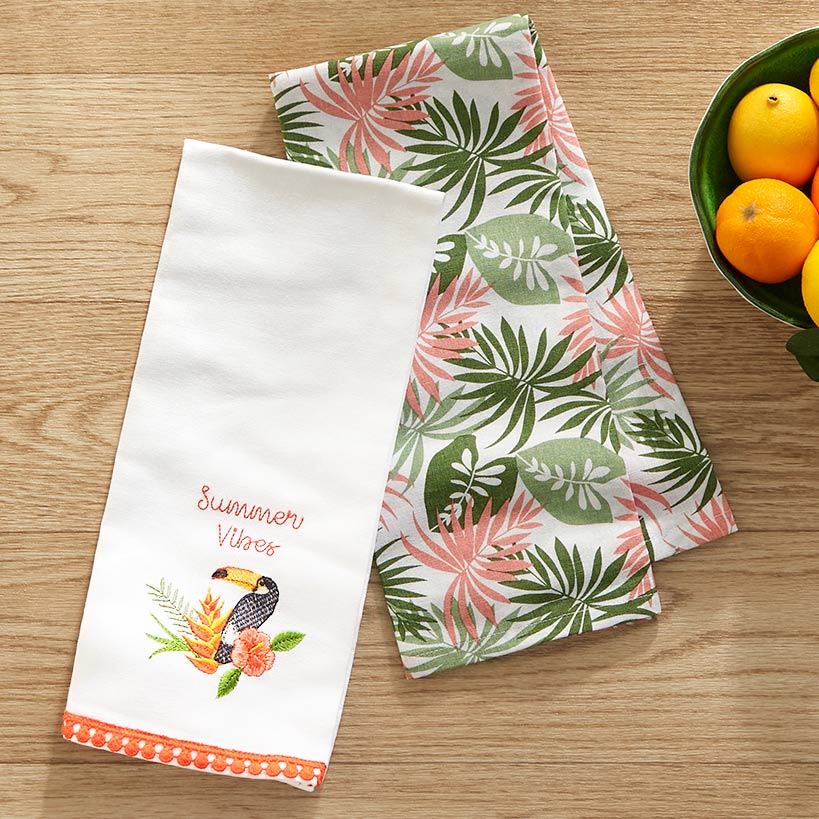 Tropical Embroidered Kitchen Towels, Set of 2