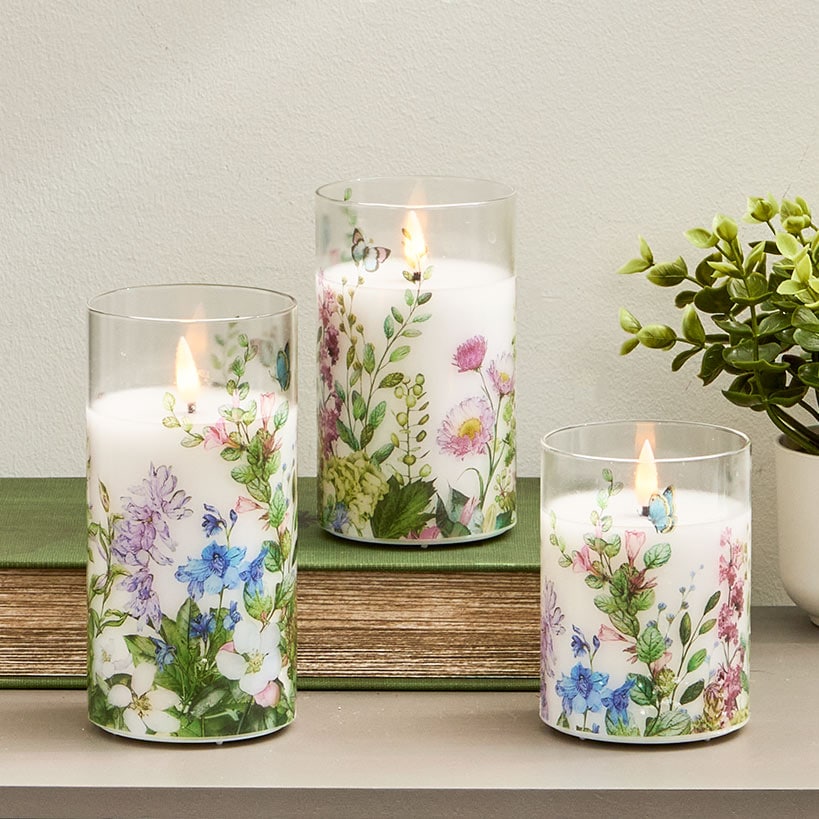 Candles LED In Glass Holder Lemon or Wildflower Set of 3