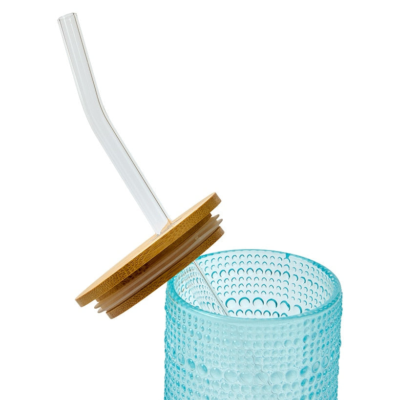 Hobnail Blue Glasses with Bamboo Lids and Glass Straws - Set of 4