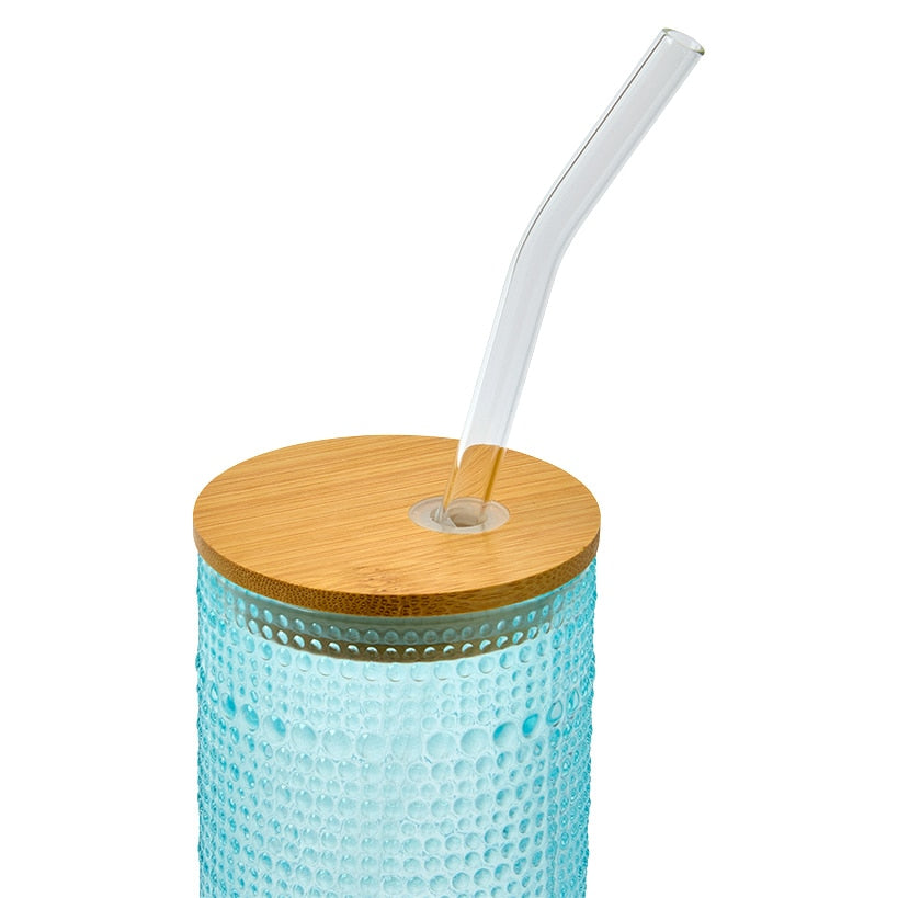 Hobnail Blue Glasses with Bamboo Lids and Glass Straws - Set of 4