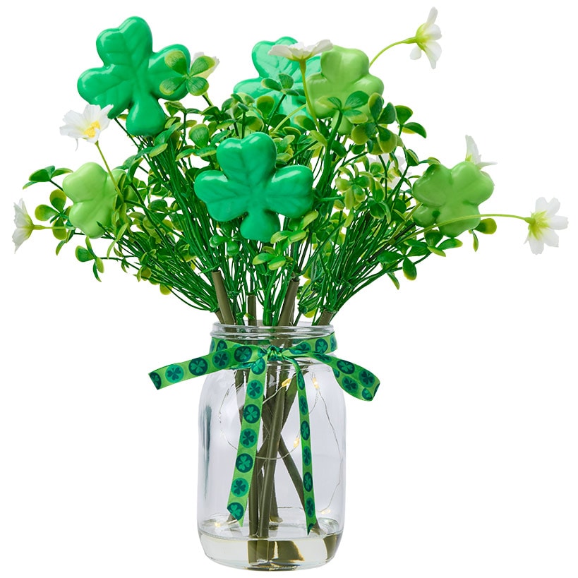 St Patrick's Fairy Light Vase With Green Shamrock Bouquet