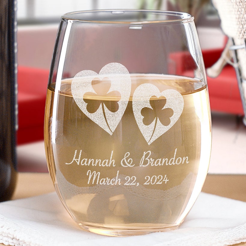 Personalized Shamrock Hearts Wine Glass