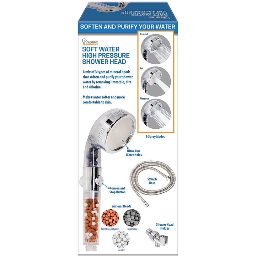 Soft Water High Pressure Shower Head - With 3 Spray Modes and Mineral Beads