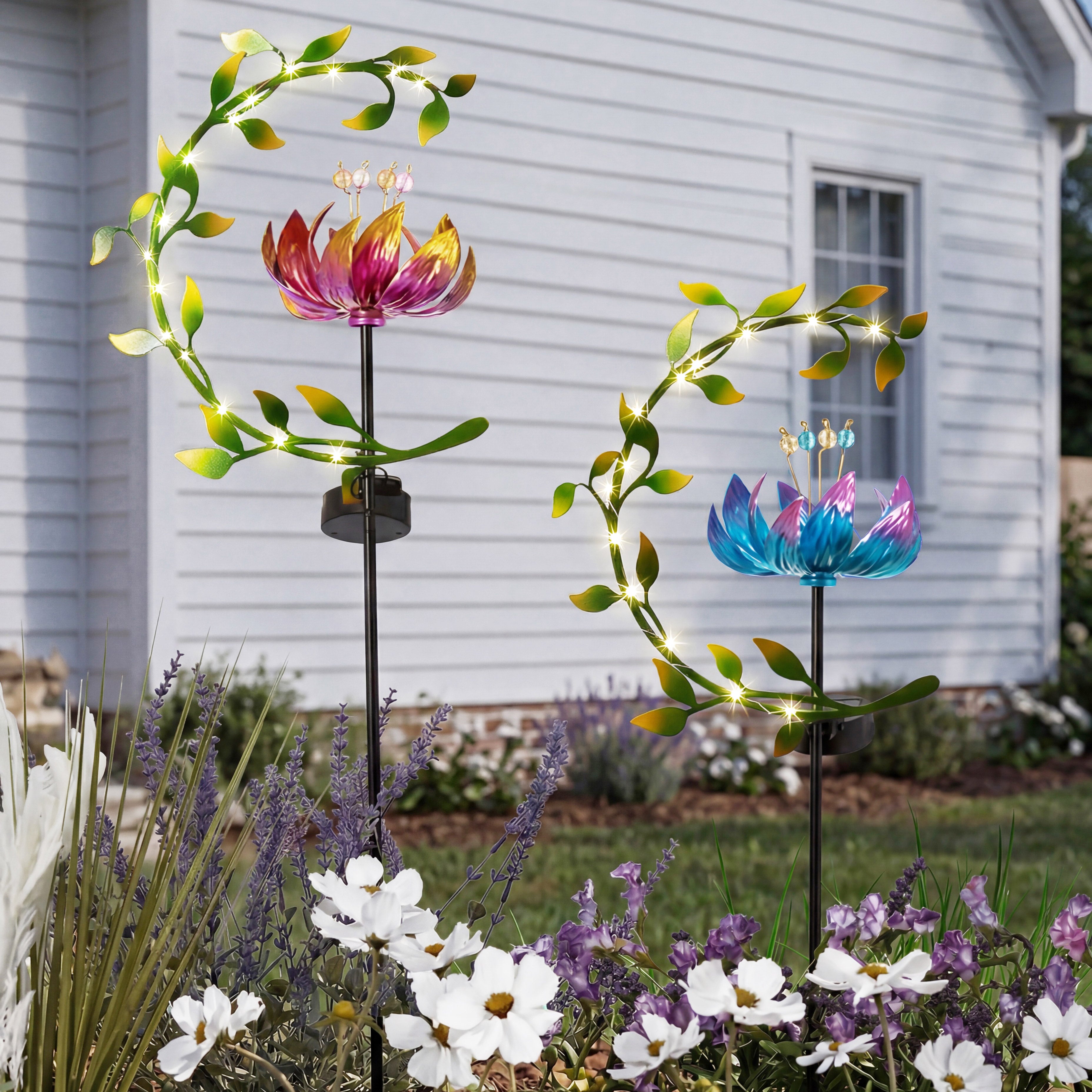 Solar Flower and Leaves Wind Spinner Garden Stake Red or Blue