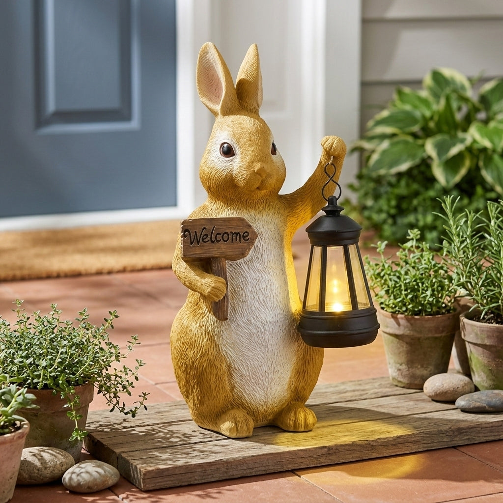 Solar Welcome Bunny Garden Statue With Lantern