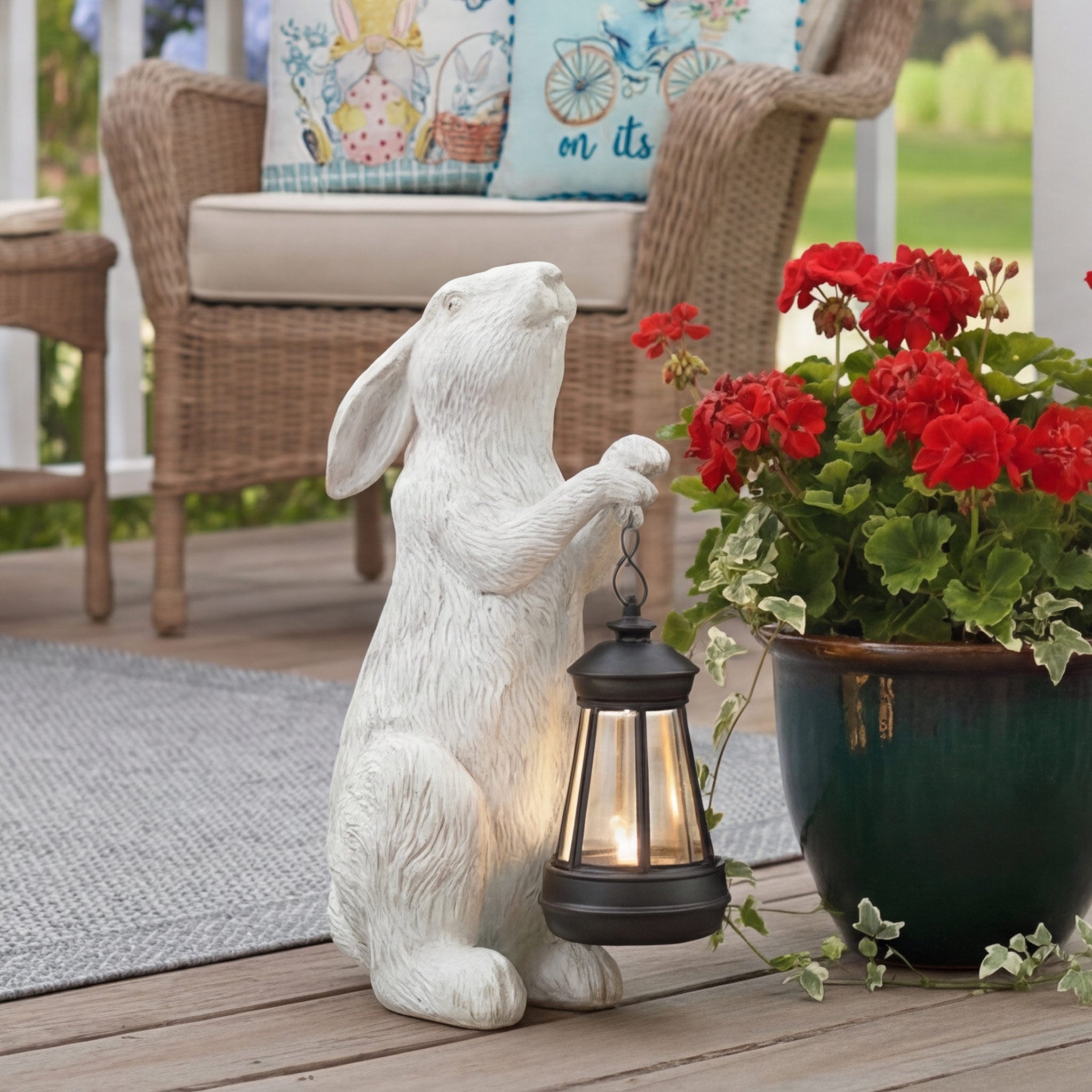 Solar White Bunny Garden Statue Holding Lantern | The Lakeside