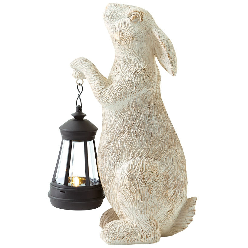 Solar White Bunny Garden Statue Holding Lantern