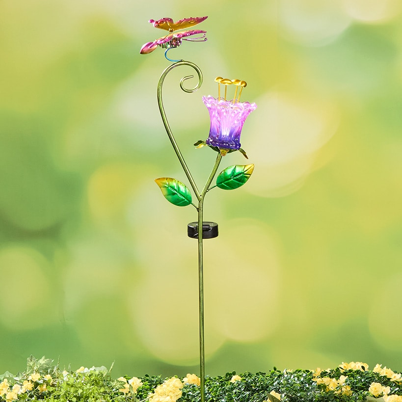 Solar Glass Flower Garden Stake - Butterfly or Hummingbird