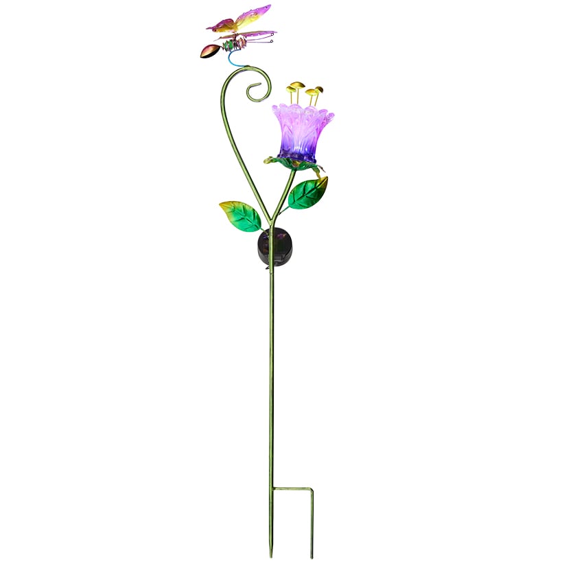 Solar Glass Flower Garden Stake - Butterfly or Hummingbird