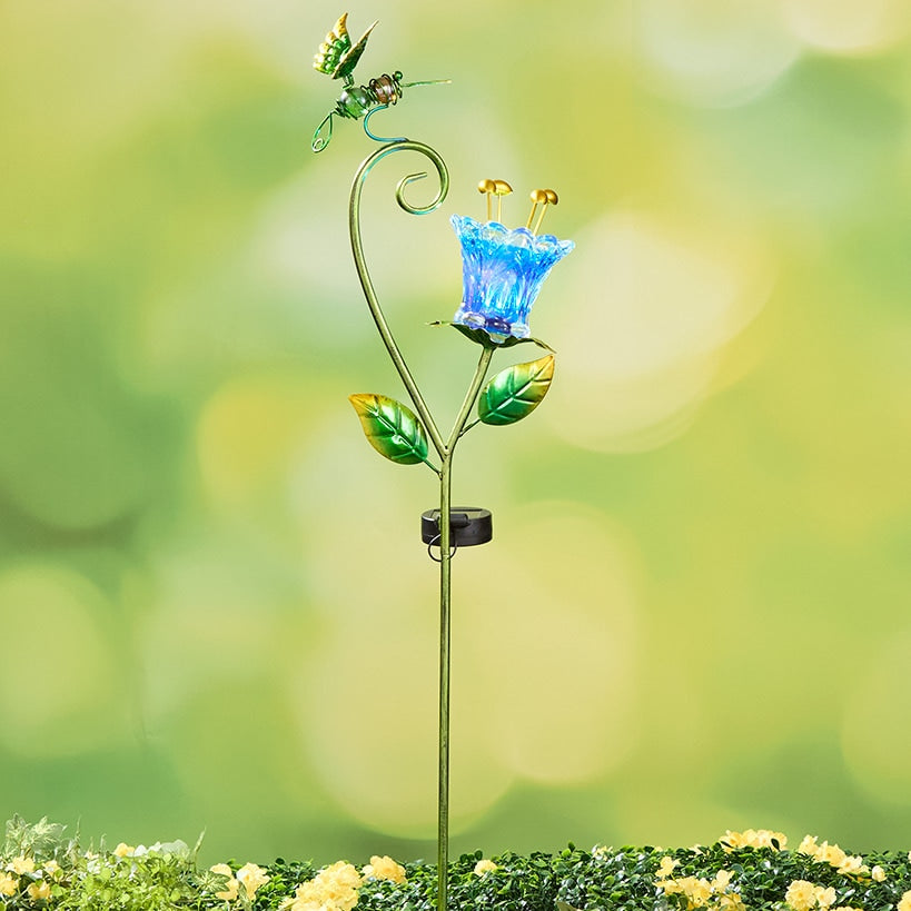 Solar Glass Flower Garden Stake - Butterfly or Hummingbird