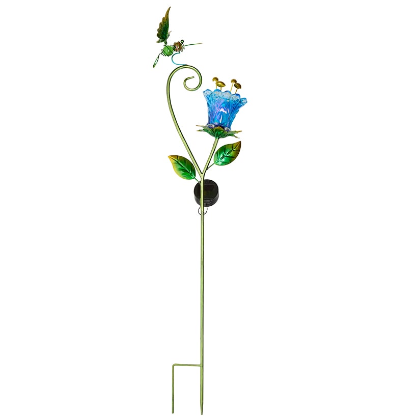 Solar Glass Flower Garden Stake - Butterfly or Hummingbird