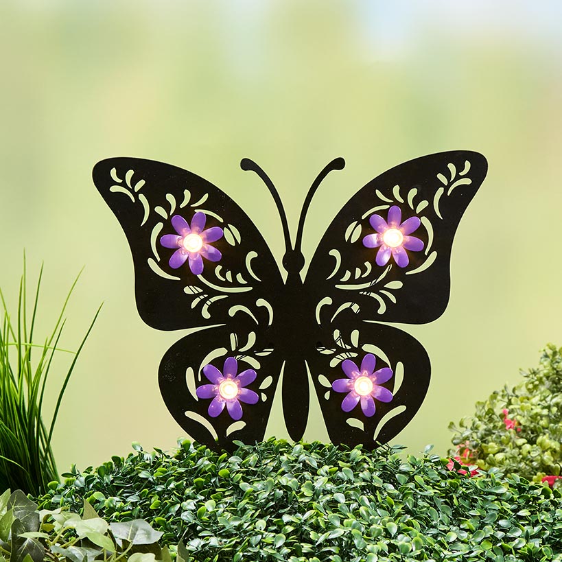 Solar Spring Silhouette Garden Stake With Flowers - Bunny or Butterfly