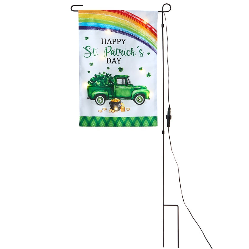 St Patricks Garden Solar Flag And Pole With Green Truck And Rainbow