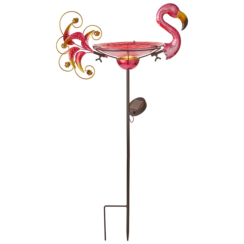 Outdoor Solar Birdbath and Feeder with Stake Turtle or Flamingo
