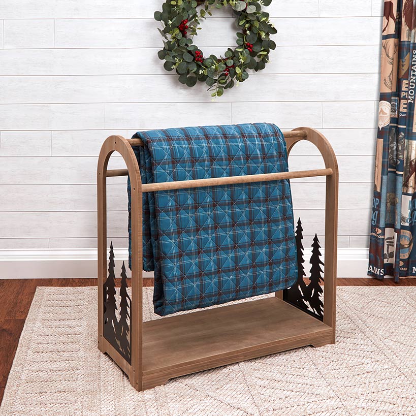 Freestanding Wooden Quilt Rack with Metal Tree Side Accents