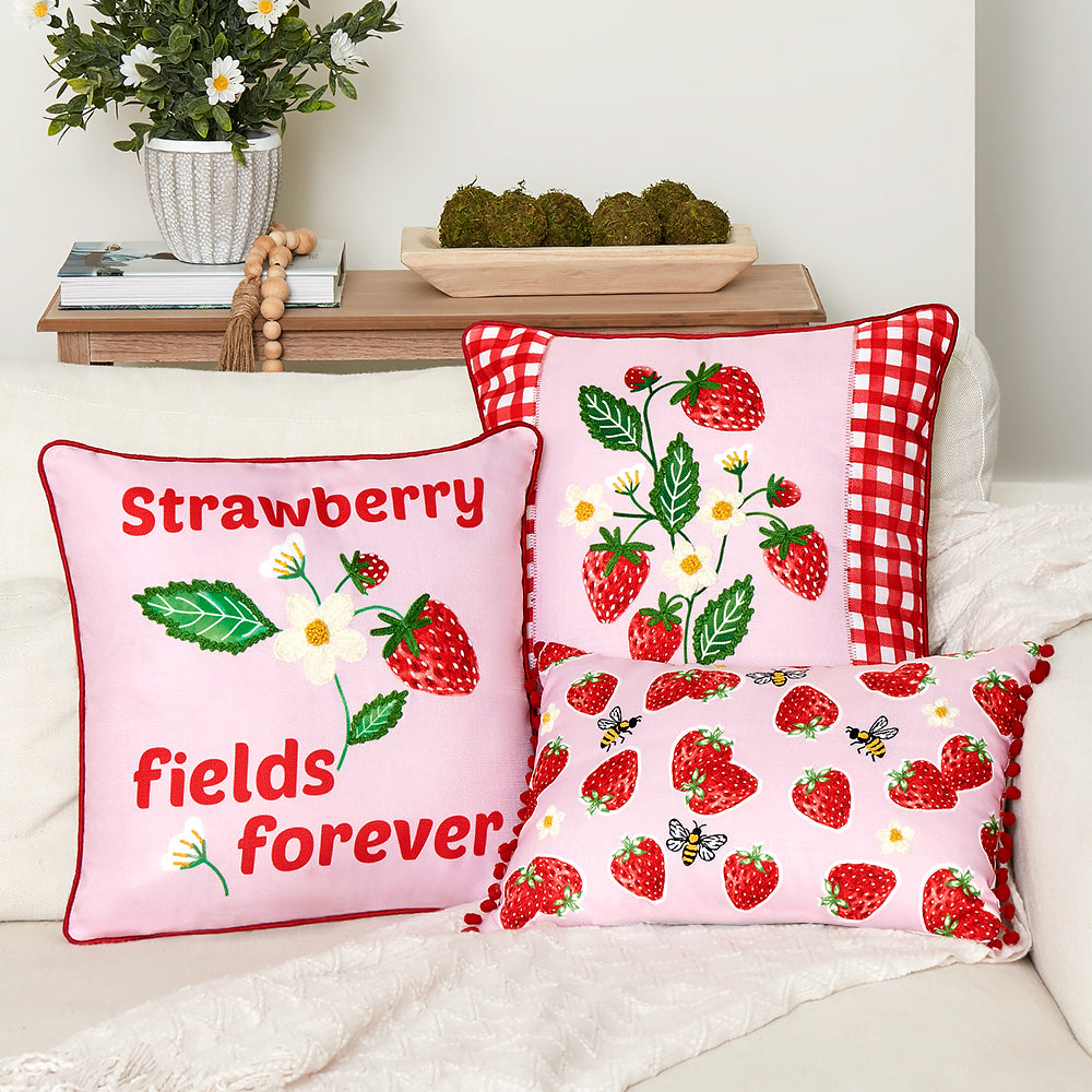 Strawberry Garden Embroidered Decorative Pillow