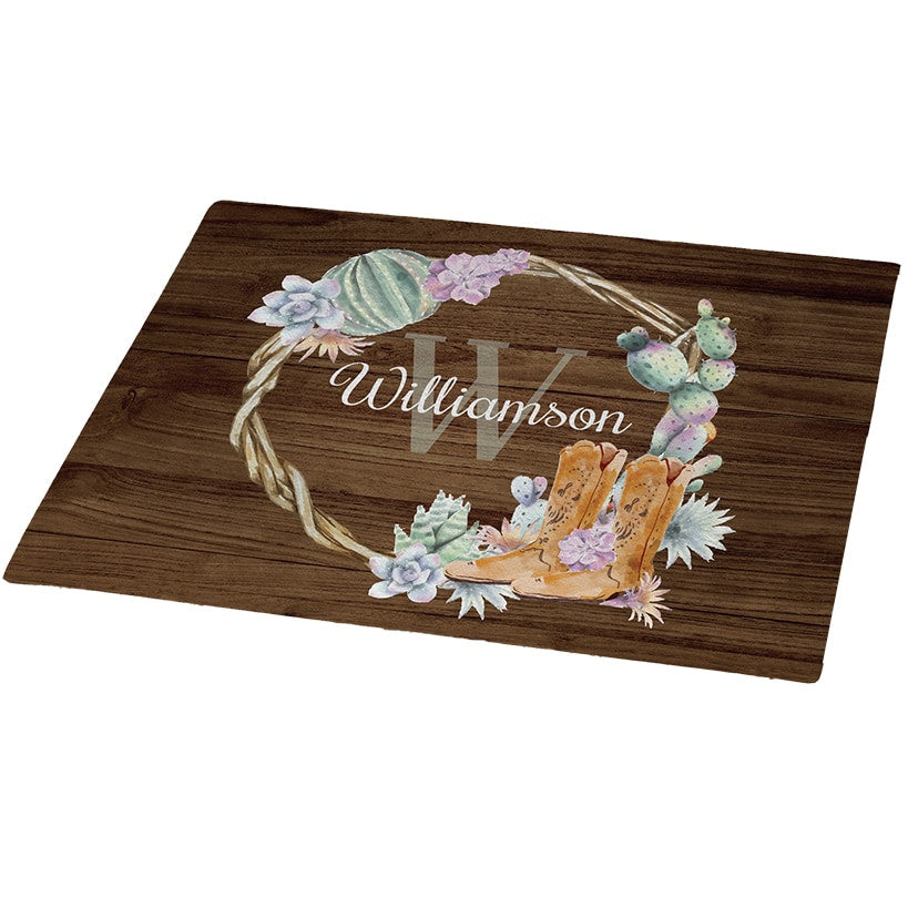 Personalized Watercolor Succulents and Cowboy Boots Doormat
