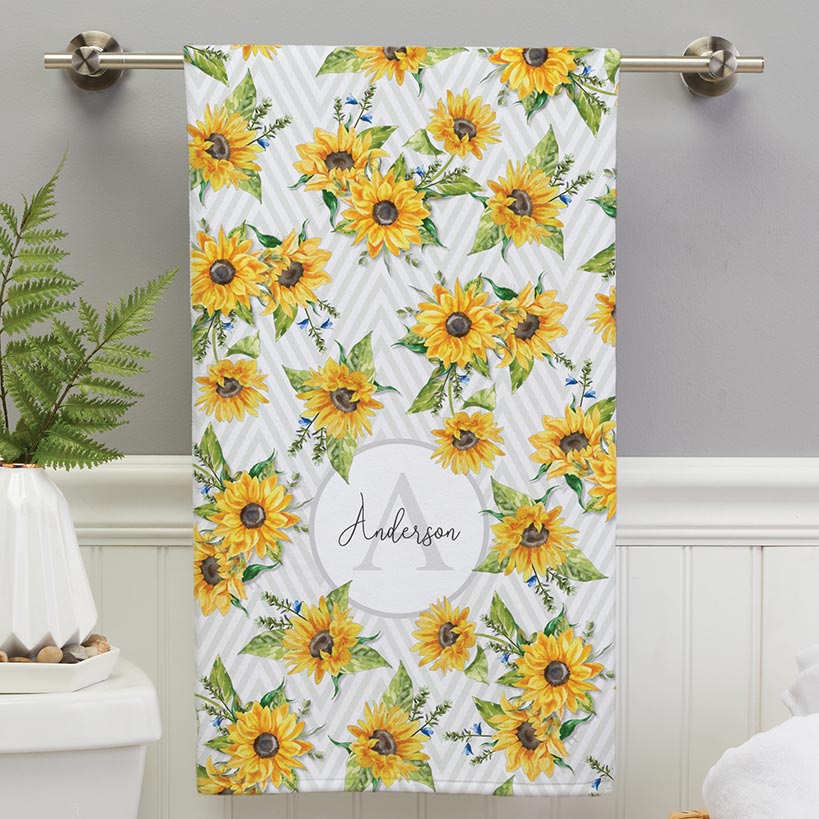Personalized Sunflower Pattern Towels and Bath Mat