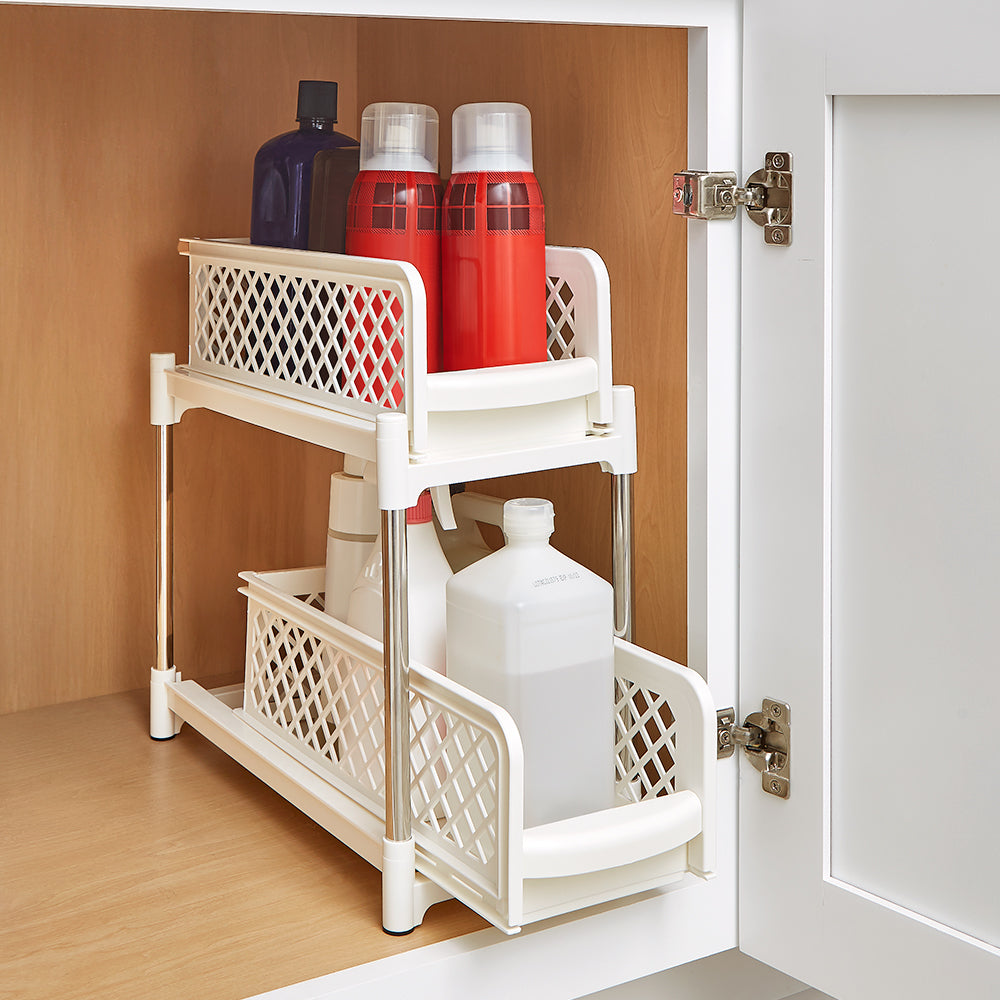 Sliding Storage Drawers Pull Out Plastic Cabinet Organizer 2 Tier