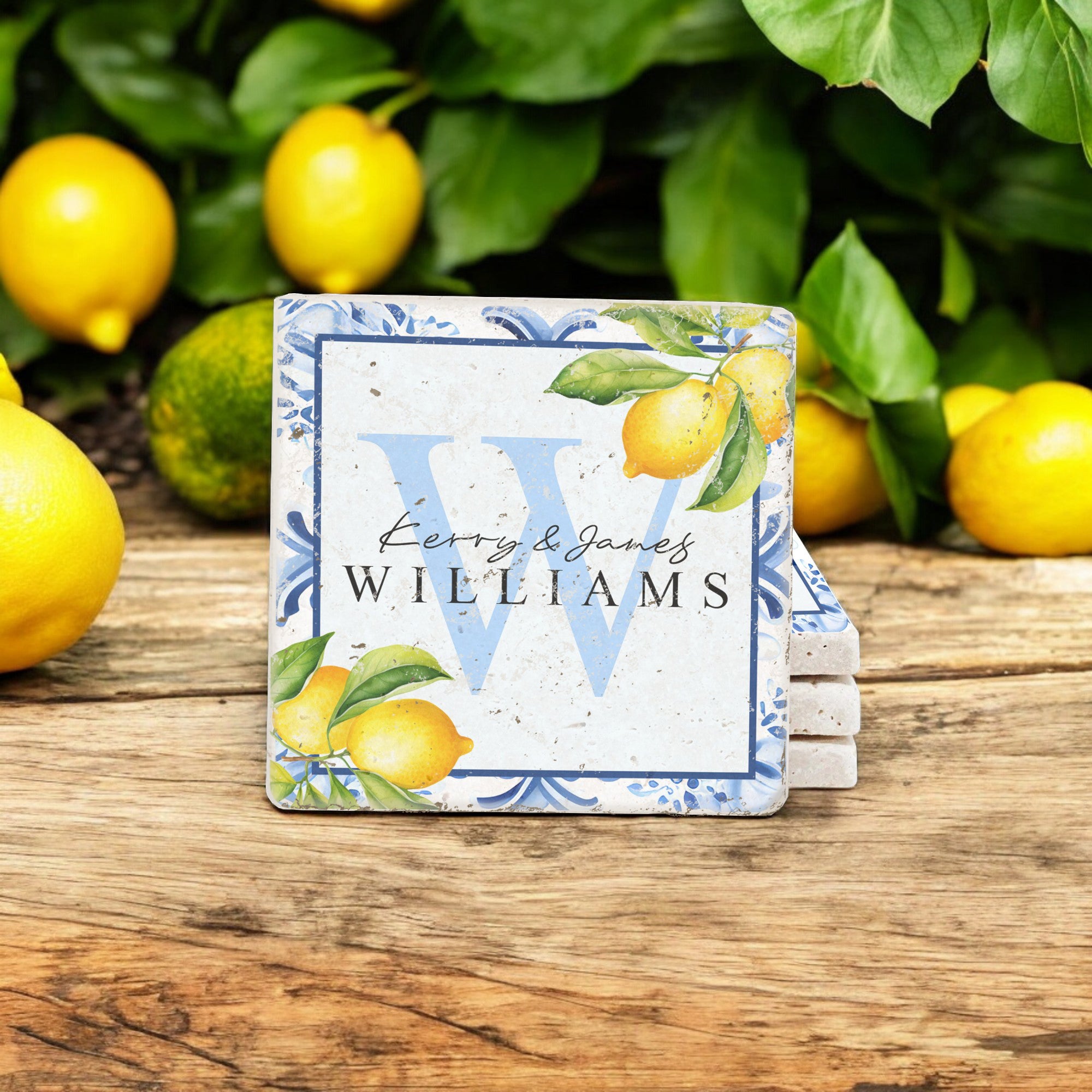 Personalized Set of 4 Blue Lemon Floral Travertine Coasters