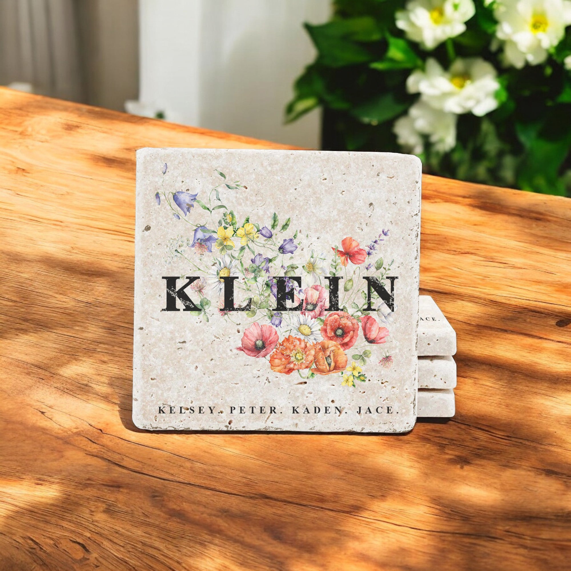 Personalized Set of 4 Wildflower Travertine Coasters