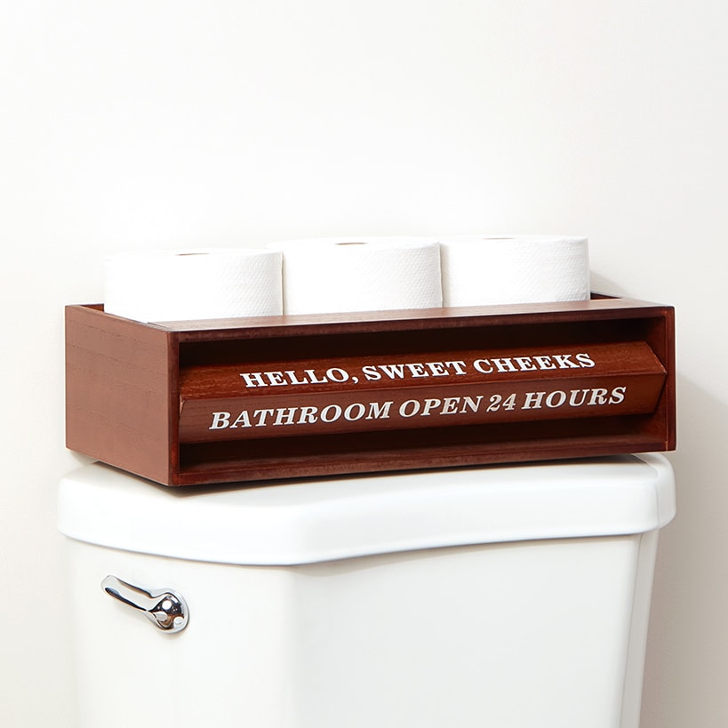 Wooden Bathroom Toilet Topper Storage Tray with Funny Rotating Phrases