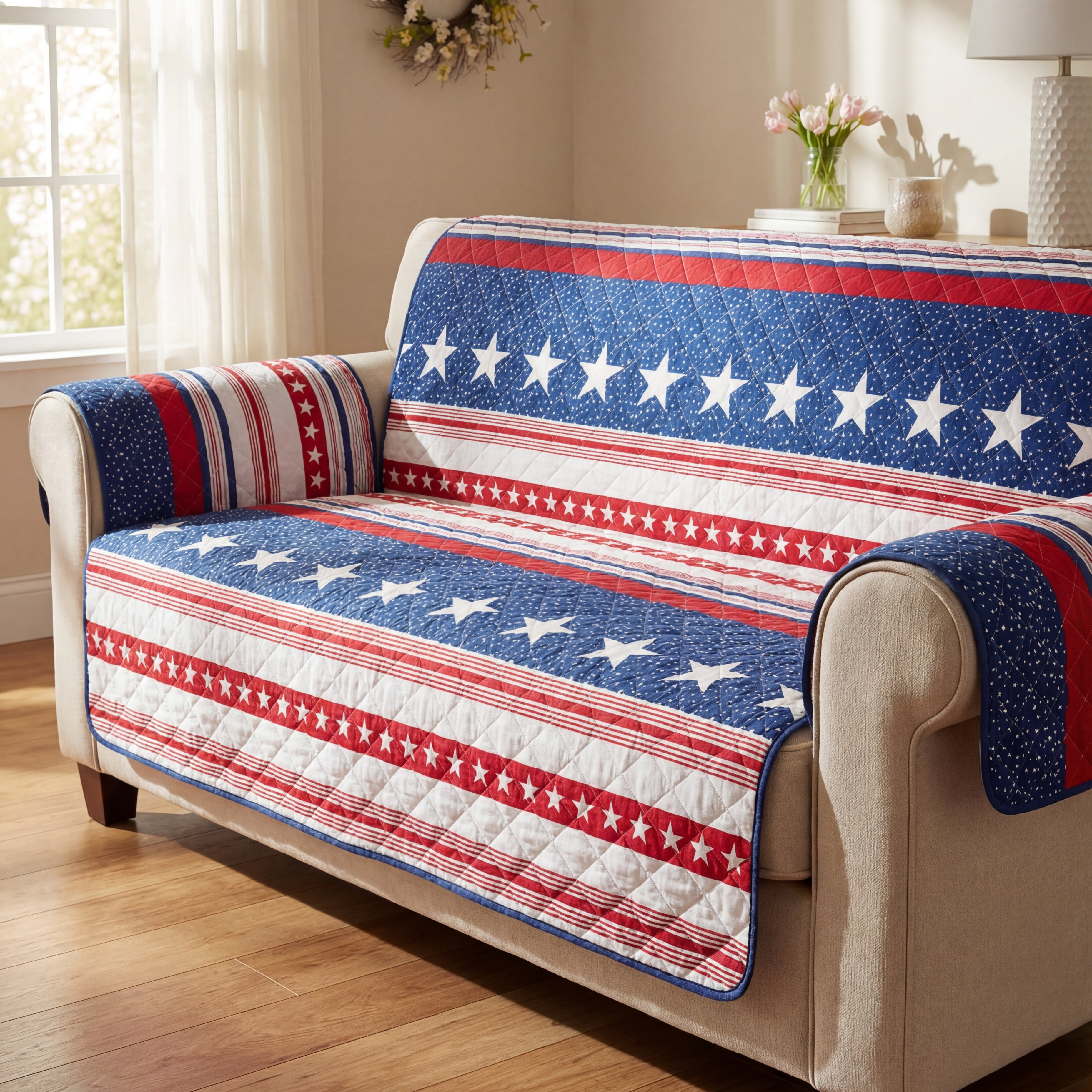 USA Stripe Quilted Furniture Cover Chair Sofa Loveseat
