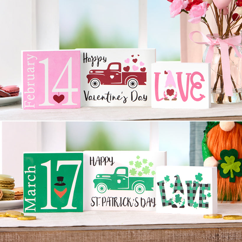 Valentine's and St Patrick's Two-in-One Block Signs-3 Pc Set