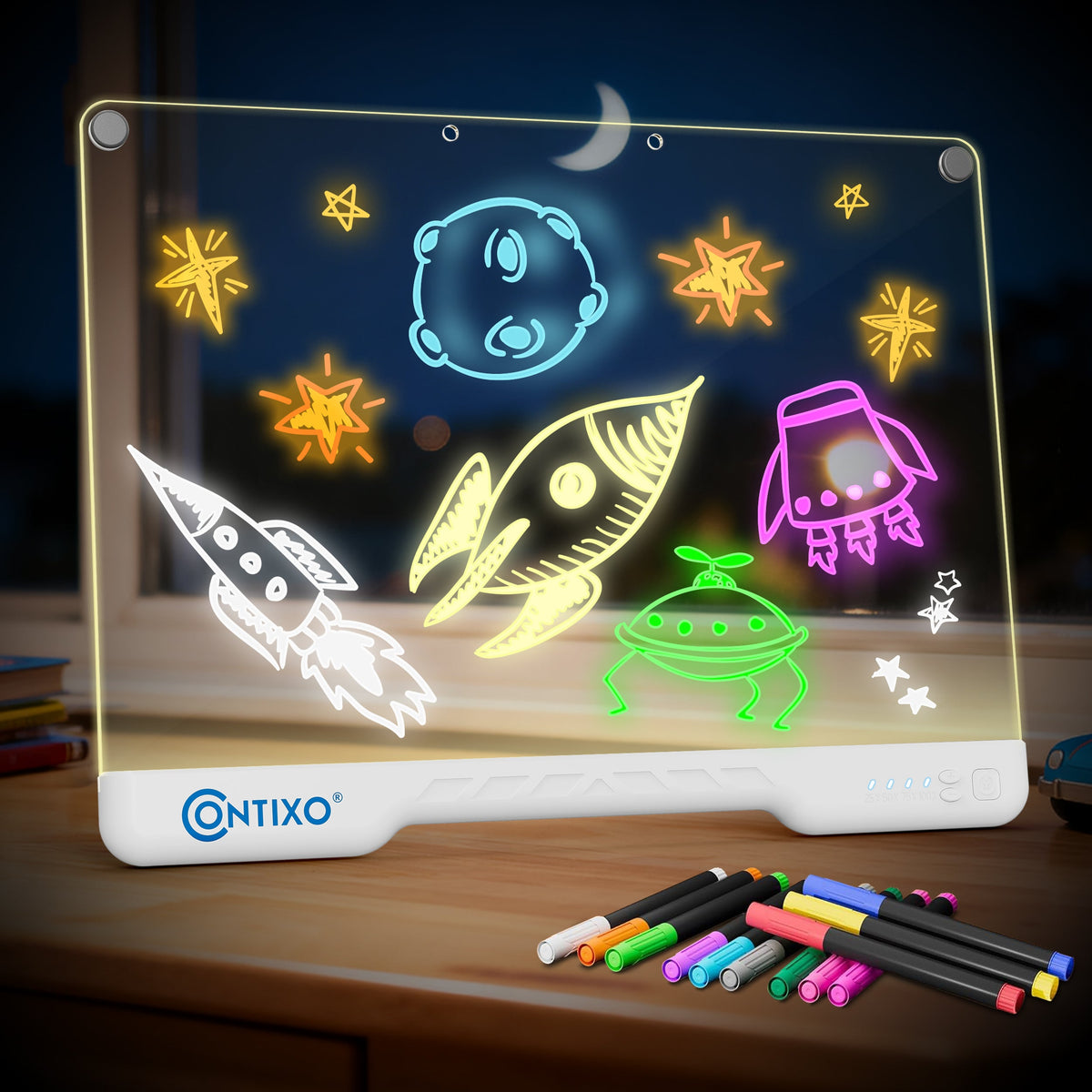 Contixo WB1 16” LED Drawing Board for Kids - Rechargeable Glow Doodle Board With 10 Light Modes & 9 Brightness Levels, Neon Dry Erase Light-Up Acrylic Drawing Board With 12 Glow Pens, Portable Screen-Free Drawing Board