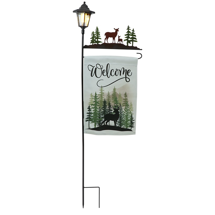 Welcome Flag Lodge Themed With Pole And Lighted Lantern Bear Or Deer