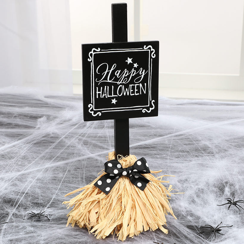 Halloween Witch's Broom Tabletop Rectangular Sign With Message And Bow