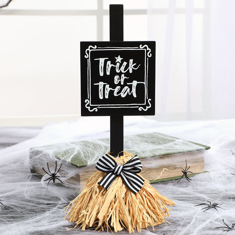 Halloween Witch's Broom Tabletop Rectangular Sign With Message And Bow