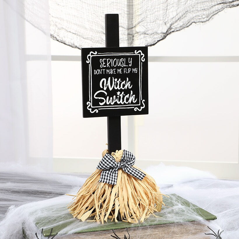 Halloween Witch's Broom Tabletop Rectangular Sign With Message And Bow