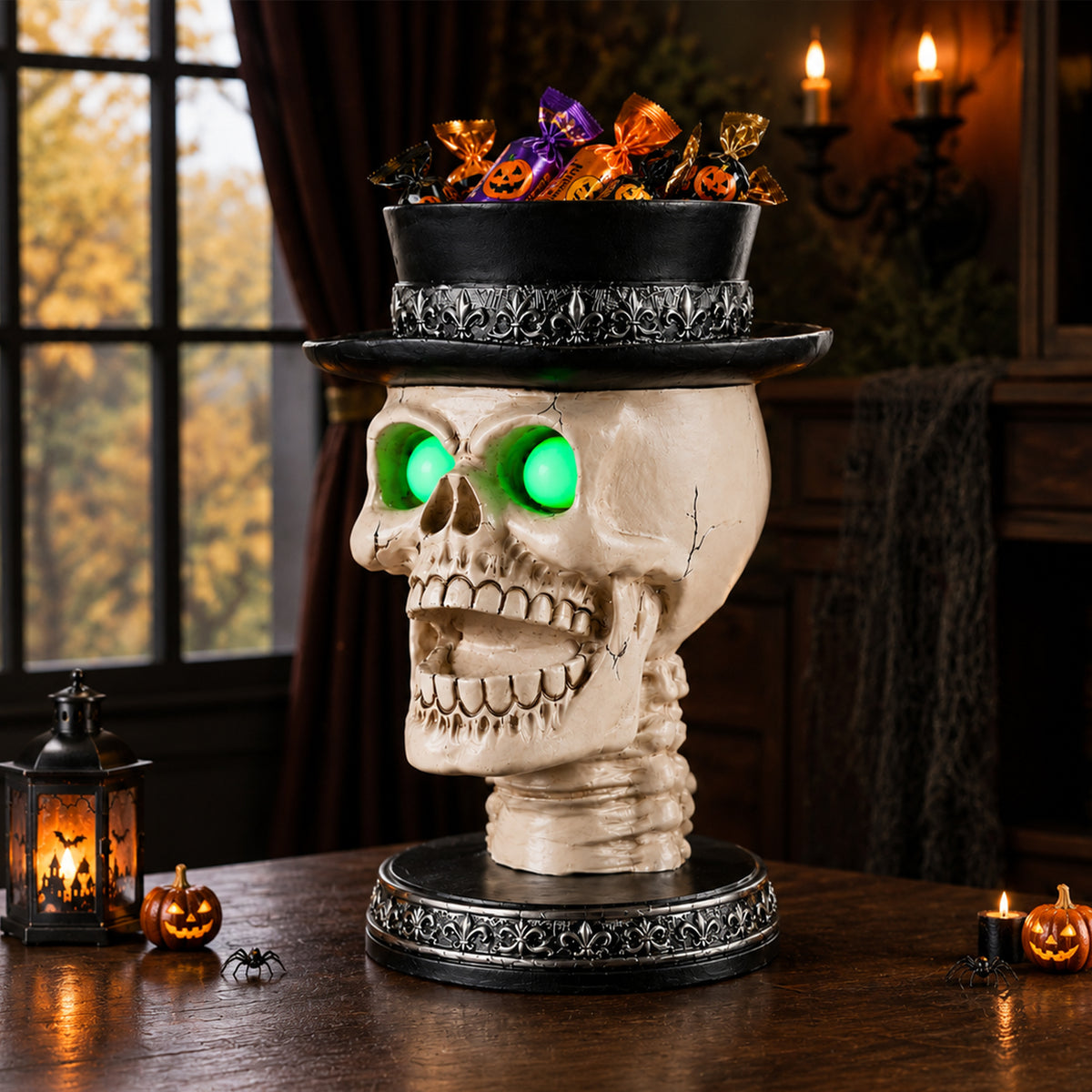 Halloween Skull Candle Holder with Glowing Green Eyes, Gothic Open Mouth Skeleton Head Statue with Black Top Hat, Spooky Tabletop Decor for Home Party - image 11