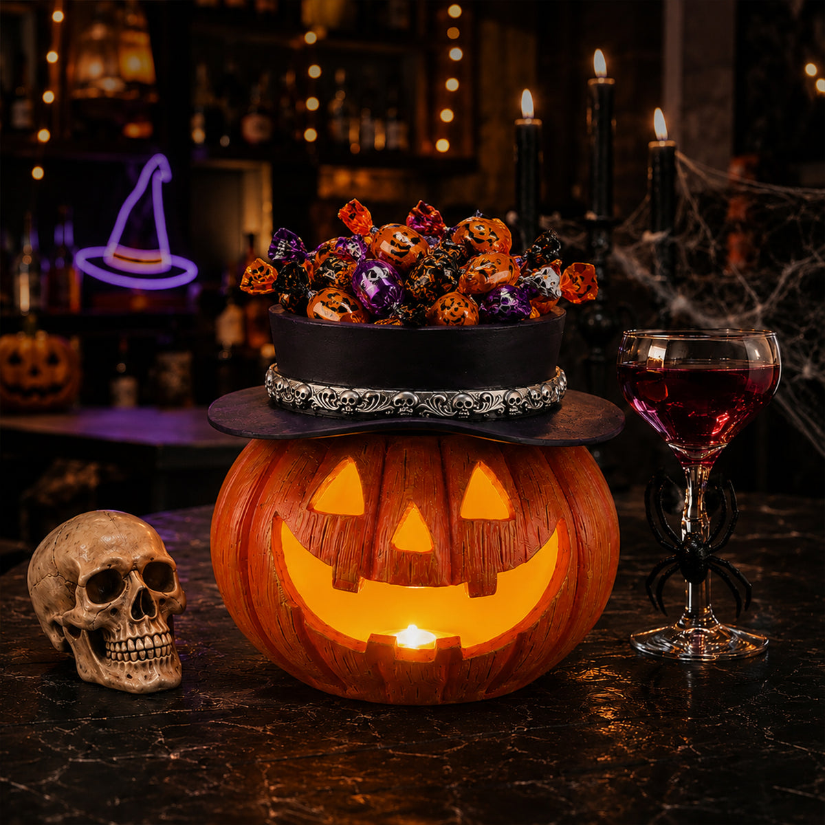 Halloween Pumpkin Candy Bowl with Witch Hat, Light Up Jack O Lantern Decoration, Spooky Tabletop Storage Container for Home Party Decor - image 11